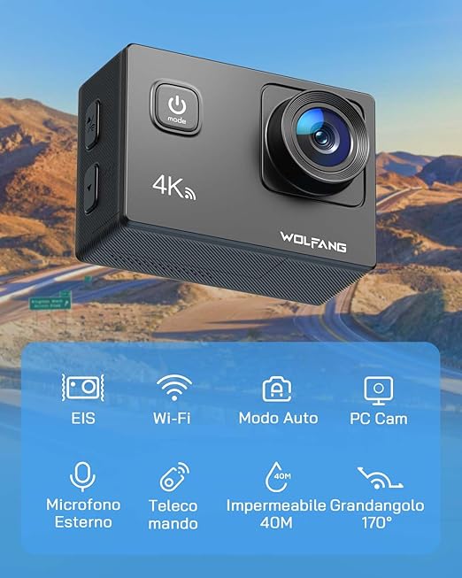 WOLFANG Action Cam GA100 4K 30FPS, 20MP WiFi PC Camera,