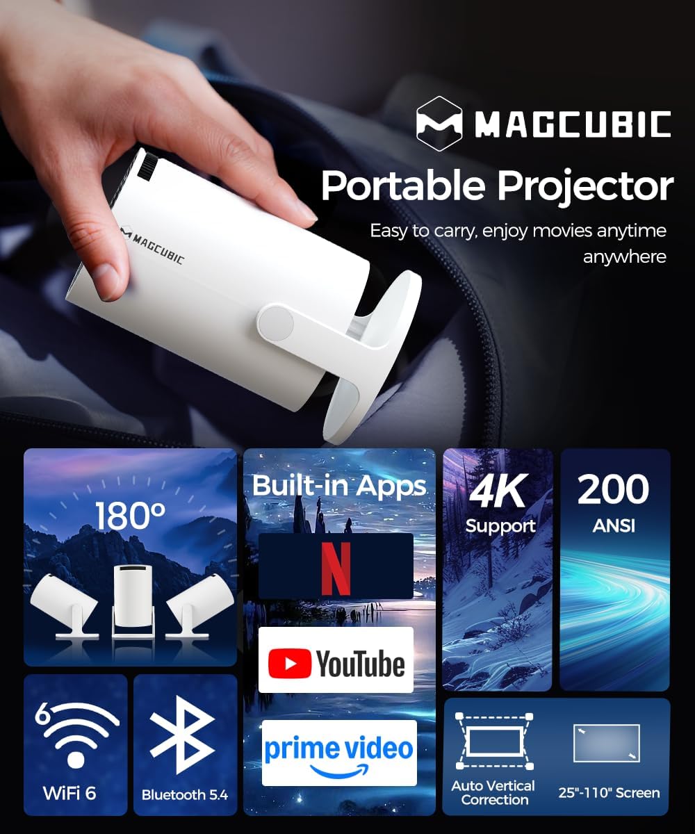 Mini Proiettore 4K Supporta, Smart Projector 5G WiFi 6 BT 5.4, Mini Proiettore Full HD 1080P Supporta 200ANSI 8000L