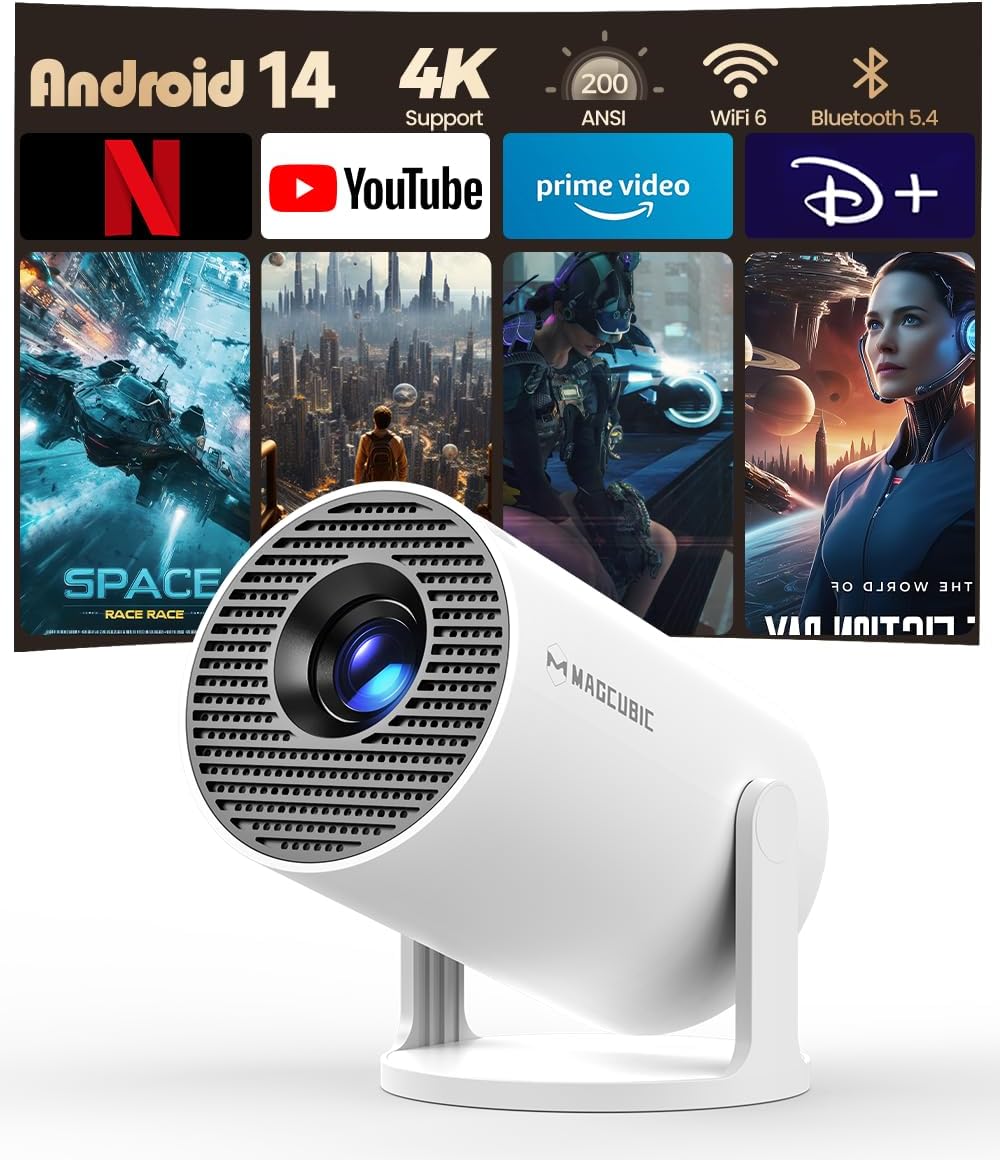Mini Proiettore 4K Supporta, Smart Projector 5G WiFi 6 BT 5.4, Mini Proiettore Full HD 1080P Supporta 200ANSI 8000L