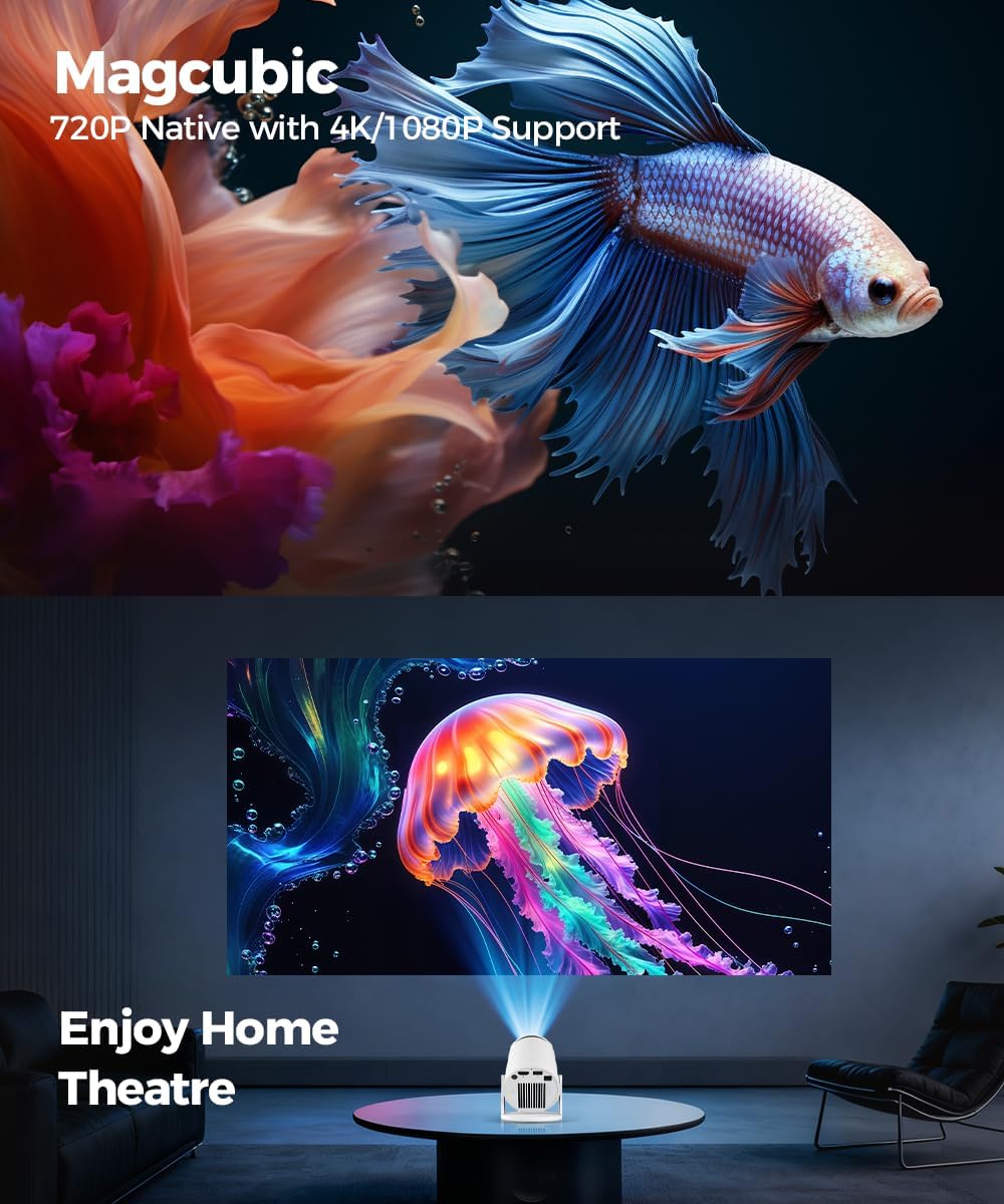 Mini Proiettore 4K Supporta, Smart Projector 5G WiFi 6 BT 5.4, Mini Proiettore Full HD 1080P Supporta 200ANSI 8000L